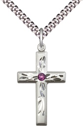 [5924SS-STN2/24S] Sterling Silver Cross Pendant with a 3mm Amethyst Swarovski stone on a 24 inch Light Rhodium Heavy Curb chain