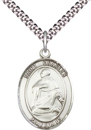 [7020SS/24S] Sterling Silver Saint Charles Borromeo Pendant on a 24 inch Light Rhodium Heavy Curb chain