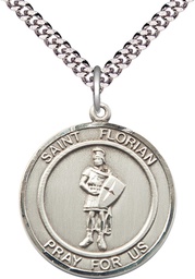 [7034RDSS/24S] Sterling Silver Saint Florian Pendant on a 24 inch Light Rhodium Heavy Curb chain