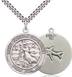 [7057RDSS/24S] Sterling Silver Saint Joseph of Cupertino Pendant on a 24 inch Light Rhodium Heavy Curb chain