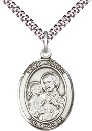 [7058SS/24S] Sterling Silver Saint Joseph Pendant on a 24 inch Light Rhodium Heavy Curb chain