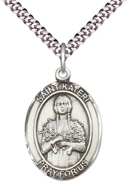 [7061SS/24S] Sterling Silver Saint Kateri Tekakwitha Pendant on a 24 inch Light Rhodium Heavy Curb chain
