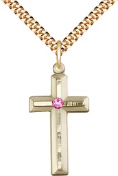 [6000GF-STN10/24G] 14kt Gold Filled Cross Pendant with a 3mm Rose Swarovski stone on a 24 inch Gold Plate Heavy Curb chain