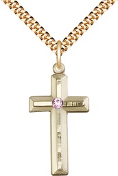 [6000GF-STN6/24G] 14kt Gold Filled Cross Pendant with a 3mm Light Amethyst Swarovski stone on a 24 inch Gold Plate Heavy Curb chain