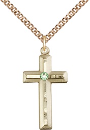 [6000GF-STN8/24GF] 14kt Gold Filled Cross Pendant with a 3mm Peridot Swarovski stone on a 24 inch Gold Filled Heavy Curb chain