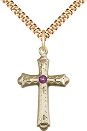 [6007GF-STN2/24G] 14kt Gold Filled Cross Pendant with a 3mm Amethyst Swarovski stone on a 24 inch Gold Plate Heavy Curb chain