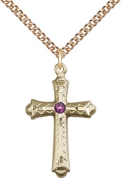 [6007GF-STN2/24GF] 14kt Gold Filled Cross Pendant with a 3mm Amethyst Swarovski stone on a 24 inch Gold Filled Heavy Curb chain
