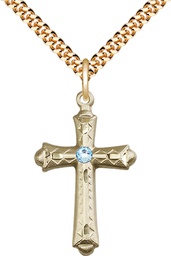 [6007GF-STN3/24G] 14kt Gold Filled Cross Pendant with a 3mm Aqua Swarovski stone on a 24 inch Gold Plate Heavy Curb chain