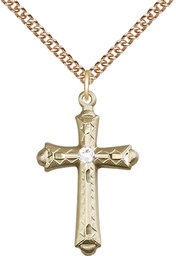 [6007GF-STN4/24GF] 14kt Gold Filled Cross Pendant with a 3mm Crystal Swarovski stone on a 24 inch Gold Filled Heavy Curb chain