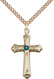 [6007GF-STN5/24GF] 14kt Gold Filled Cross Pendant with a 3mm Emerald Swarovski stone on a 24 inch Gold Filled Heavy Curb chain