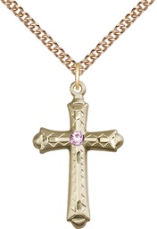[6007GF-STN6/24GF] 14kt Gold Filled Cross Pendant with a 3mm Light Amethyst Swarovski stone on a 24 inch Gold Filled Heavy Curb chain