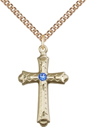 [6007GF-STN9/24GF] 14kt Gold Filled Cross Pendant with a 3mm Sapphire Swarovski stone on a 24 inch Gold Filled Heavy Curb chain