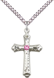 [6007SS-STN10/24SS] Sterling Silver Cross Pendant with a 3mm Rose Swarovski stone on a 24 inch Sterling Silver Heavy Curb chain