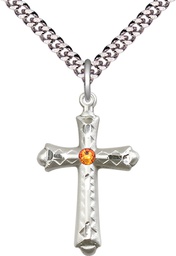 [6007SS-STN11/24S] Sterling Silver Cross Pendant with a 3mm Topaz Swarovski stone on a 24 inch Light Rhodium Heavy Curb chain