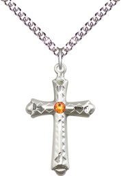 [6007SS-STN11/24SS] Sterling Silver Cross Pendant with a 3mm Topaz Swarovski stone on a 24 inch Sterling Silver Heavy Curb chain