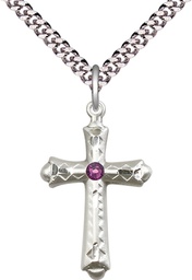 [6007SS-STN2/24S] Sterling Silver Cross Pendant with a 3mm Amethyst Swarovski stone on a 24 inch Light Rhodium Heavy Curb chain