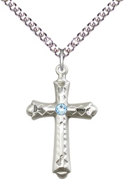 [6007SS-STN3/24SS] Sterling Silver Cross Pendant with a 3mm Aqua Swarovski stone on a 24 inch Sterling Silver Heavy Curb chain