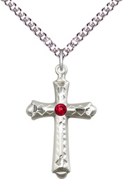 [6007SS-STN7/24SS] Sterling Silver Cross Pendant with a 3mm Ruby Swarovski stone on a 24 inch Sterling Silver Heavy Curb chain