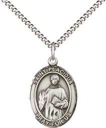 [8240SS/18S] Sterling Silver Saint Placidus Pendant on a 18 inch Light Rhodium Light Curb chain