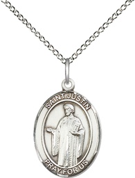 [8052SS/18SS] Sterling Silver Saint Justin Pendant on a 18 inch Sterling Silver Light Curb chain