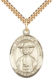 [7373GF/24G] 14kt Gold Filled Saint Andrew Kim Taegon Pendant on a 24 inch Gold Plate Heavy Curb chain
