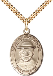 [7412GF/24G] 14kt Gold Filled Saint Damien of Molokai Pendant on a 24 inch Gold Plate Heavy Curb chain