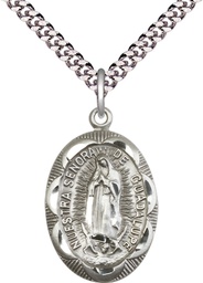 [0801FSS/24S] Sterling Silver Our Lady of Guadalupe Pendant on a 24 inch Light Rhodium Heavy Curb chain