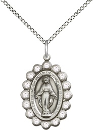 [2009CSS/18SS] Sterling Silver Miraculous Pendant with Crystal Swarovski stones on a 18 inch Sterling Silver Light Curb chain