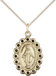 [2009JTGF/18GF] 14kt Gold Filled Miraculous Pendant with Jet Swarovski stones on a 18 inch Gold Filled Light Curb chain