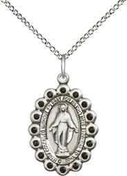 [2009JTSS/18SS] Sterling Silver Miraculous Pendant with Jet Swarovski stones on a 18 inch Sterling Silver Light Curb chain