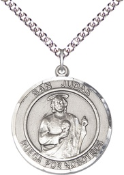 [7060RDSPSS/24SS] Sterling Silver San Judas Pendant on a 24 inch Sterling Silver Heavy Curb chain