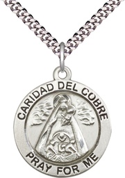 [4086SS/24S] Sterling Silver Caridad del Cobre Pendant on a 24 inch Light Rhodium Heavy Curb chain