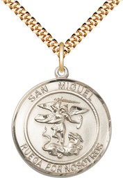 [7076RDSPGF/24GF] 14kt Gold Filled San Miguel Arcangel Pendant on a 24 inch Gold Filled Heavy Curb chain
