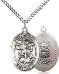 [7076SS1/24SS] Sterling Silver Saint Michael Air Force Pendant on a 24 inch Sterling Silver Heavy Curb chain