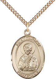 [7105GF/24GF] 14kt Gold Filled Saint Timothy Pendant on a 24 inch Gold Filled Heavy Curb chain