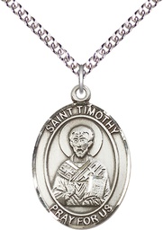 [7105SS/24SS] Sterling Silver Saint Timothy Pendant on a 24 inch Sterling Silver Heavy Curb chain