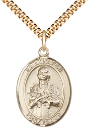 [7061GF/24G] 14kt Gold Filled Saint Kateri Tekakwitha Pendant on a 24 inch Gold Plate Heavy Curb chain