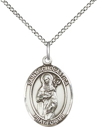 [8099SS/18SS] Sterling Silver Saint Scholastica Pendant on a 18 inch Sterling Silver Light Curb chain