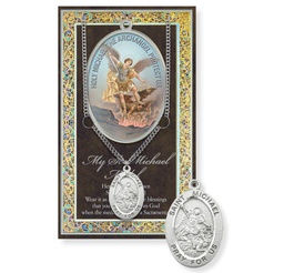 [HI-950-330] St. Michael w/Chain Genuine Pewter Medal on a 24" Ch. /Bio. &amp; Picture Folder