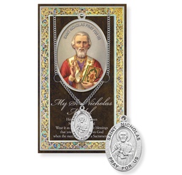 [HI-950-508] St. Nicholas Genuine Pewter Medal on a 24" Chain with Biography and Picture Folder