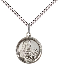 [0601TSS/18S] Sterling Silver Saint Theresa Pendant on a 18 inch Light Rhodium Light Curb chain