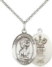 [8022SS1/18SS] Sterling Silver Saint Christopher Air Force Pendant on a 18 inch Sterling Silver Light Curb chain