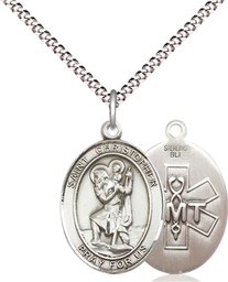 [8022SS10/18S] Sterling Silver Saint Christopher EMT Pendant on a 18 inch Light Rhodium Light Curb chain