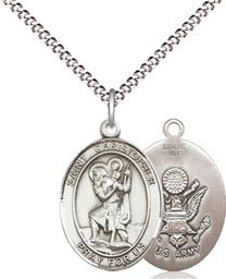 [8022SS2/18S] Sterling Silver Saint Christopher Army Pendant on a 18 inch Light Rhodium Light Curb chain