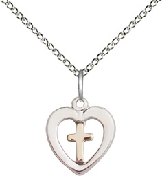 [3147GF/SS/18SS] Two-Tone GF/SS Heart Cross Pendant on a 18 inch Sterling Silver Light Curb chain