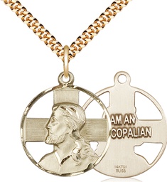 [4221EPISGF/24G] 14kt Gold Filled Cross Pendant on a 24 inch Gold Plate Heavy Curb chain