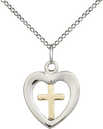 [4247GF/SS/18SS] Two-Tone GF/SS Heart Cross Pendant on a 18 inch Sterling Silver Light Curb chain