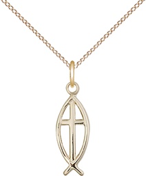 [4251GF/18GF] 14kt Gold Filled Fish Cross Pendant on a 18 inch Gold Filled Light Curb chain