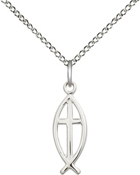 [4251SS/18SS] Sterling Silver Fish Cross Pendant on a 18 inch Sterling Silver Light Curb chain