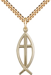 [4252GF/24G] 14kt Gold Filled Fish Cross Pendant on a 24 inch Gold Plate Heavy Curb chain
